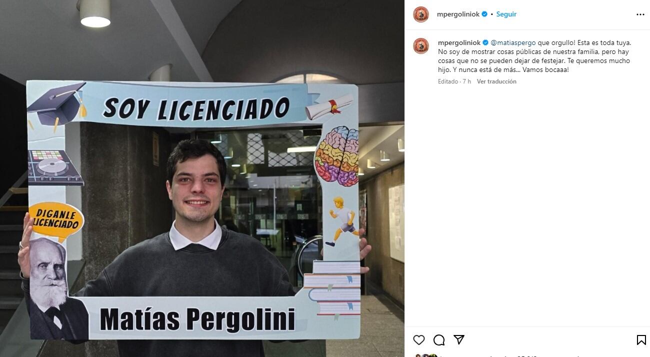 Mario Pergolini felicitó a su hijo Matías por su graduación (Instagram)