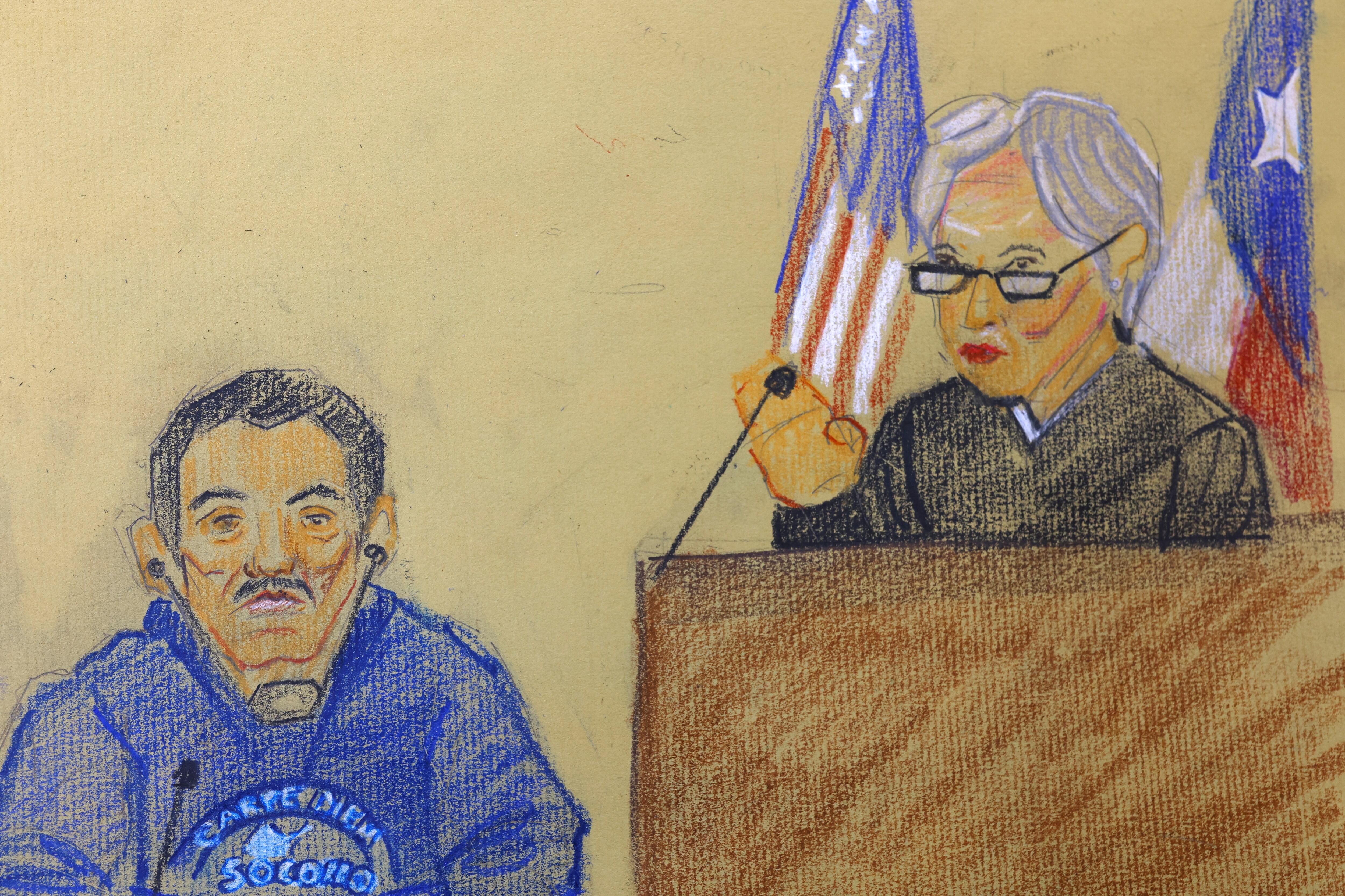 Alleged Mexican drug kingpin and co-founder of Mexico's Sinaloa drug cartel Ismael "El Mayo" Zambada appears in court after he pleaded not guilty to U.S. drug trafficking charges, in El Paso, Texas, U.S., August 1, 2024, in this handout court sketch.  Andrei Renteria/Handout via REUTERS    THIS IMAGE HAS BEEN SUPPLIED BY A THIRD PARTY NO RESALES. NO ARCHIVES