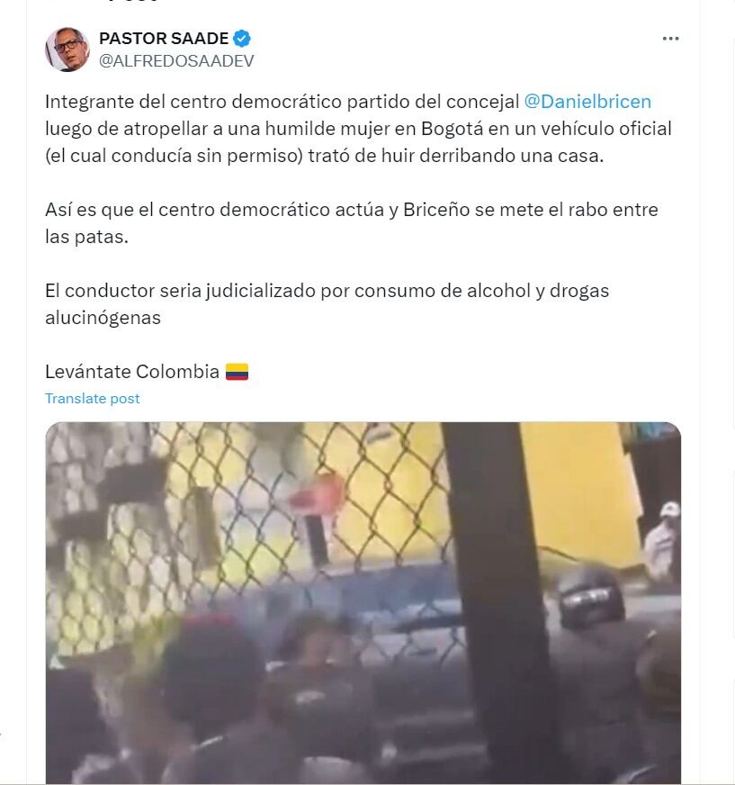 El pastor Saade habla acerca de incidente en que camioneta de seguridad de representante del Centro Democrático arrolló a una mujer - crédito @ALFREDOSAADEV