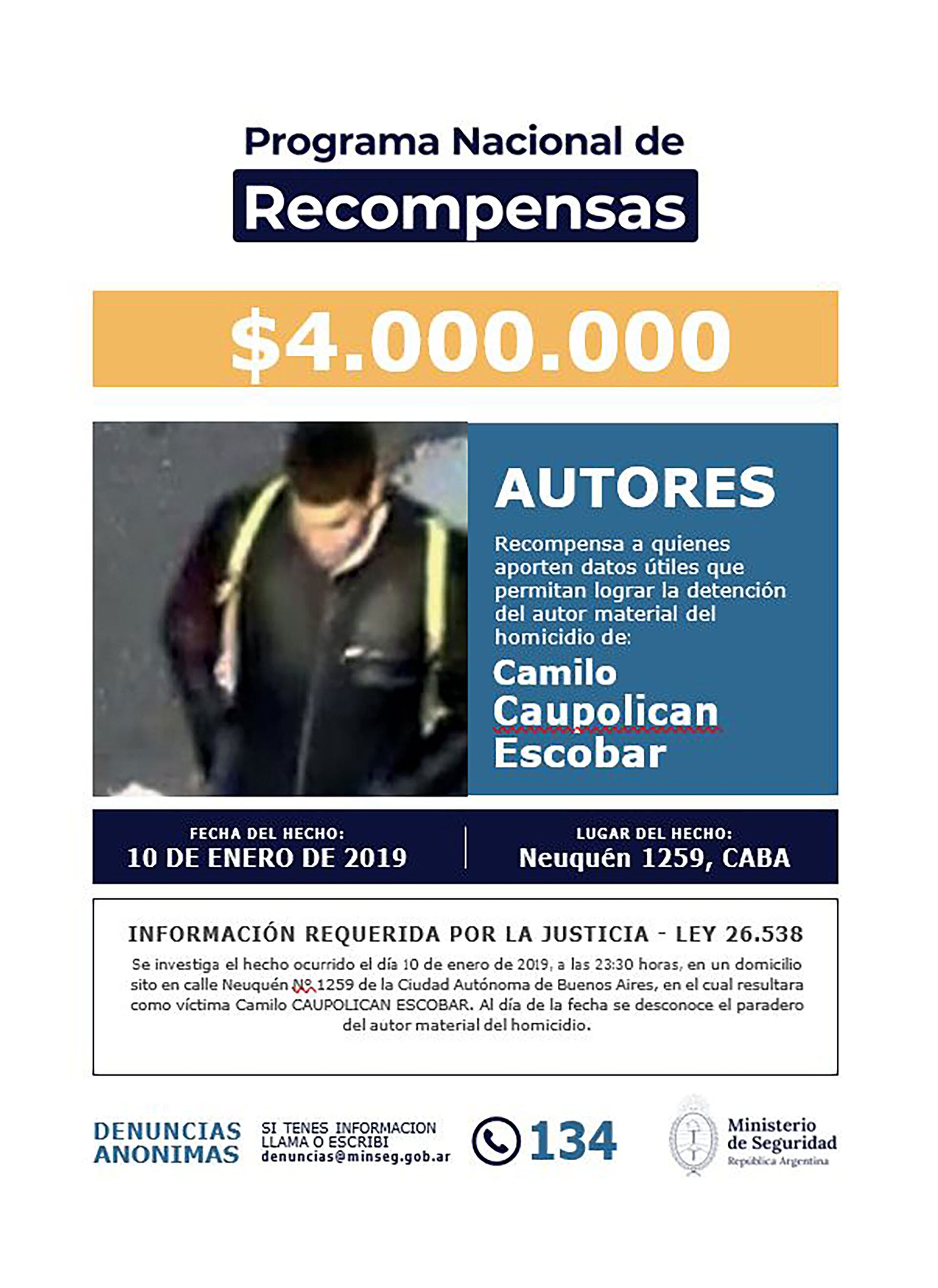 Recompensa crimen de Camilo Caupolicán Escobar