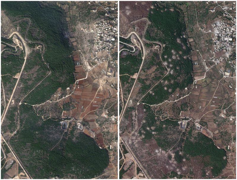 Imagen combinada de una foto de satélite (izquierda) de un bosque junto a la aldea libanesa de Aita al-Shaab, cerca de la frontera israelí, tomada el 23 de octubre de 2023, y la misma zona (derecha) mostrando marcas el 5 de junio de 2024 tras meses de continuas hostilidades transfronterizas entre Hezbollah y las fuerzas israelíes (Planet Labs Inc/REUTERS)