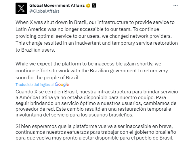 La red social X aseguró que el restablecimiento temporal de su servicio en Brasil fue involuntario