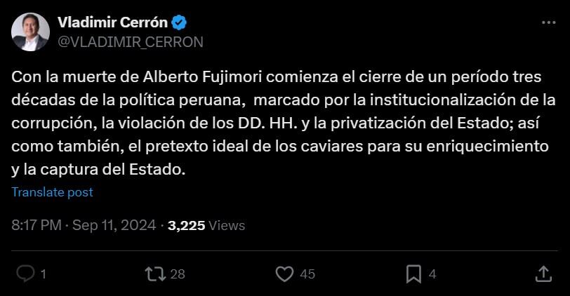 Vladimir Cerrón se pronuncia por la muerte de Alberto Fujimori. (Fuente: X/ @VLADIMIR_CERRON)