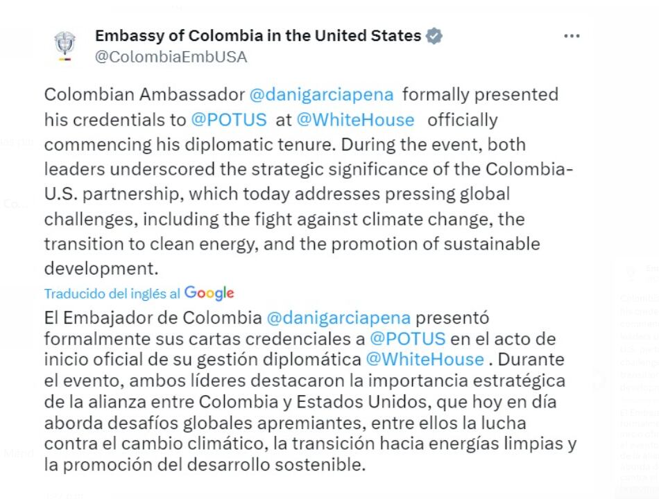 El presidente Biden y el embajador colombiano discutieron la necesidad urgente de cooperar en la transición hacia energías limpias - crédito @ColombiaEmbUSA/X