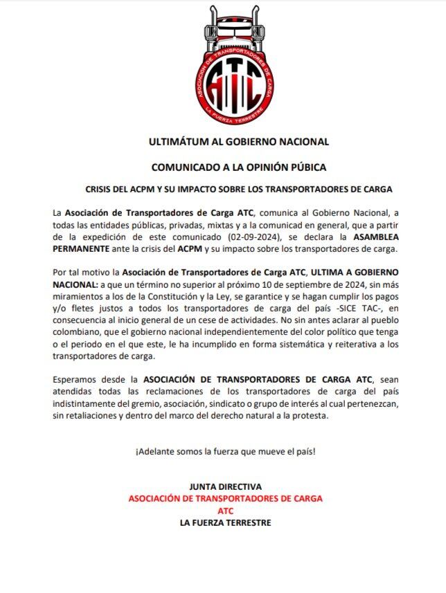 Los transportadores enviaron una carta al Gobierno sobre el impacto de la situación - crédito @Oficial_ATC / X