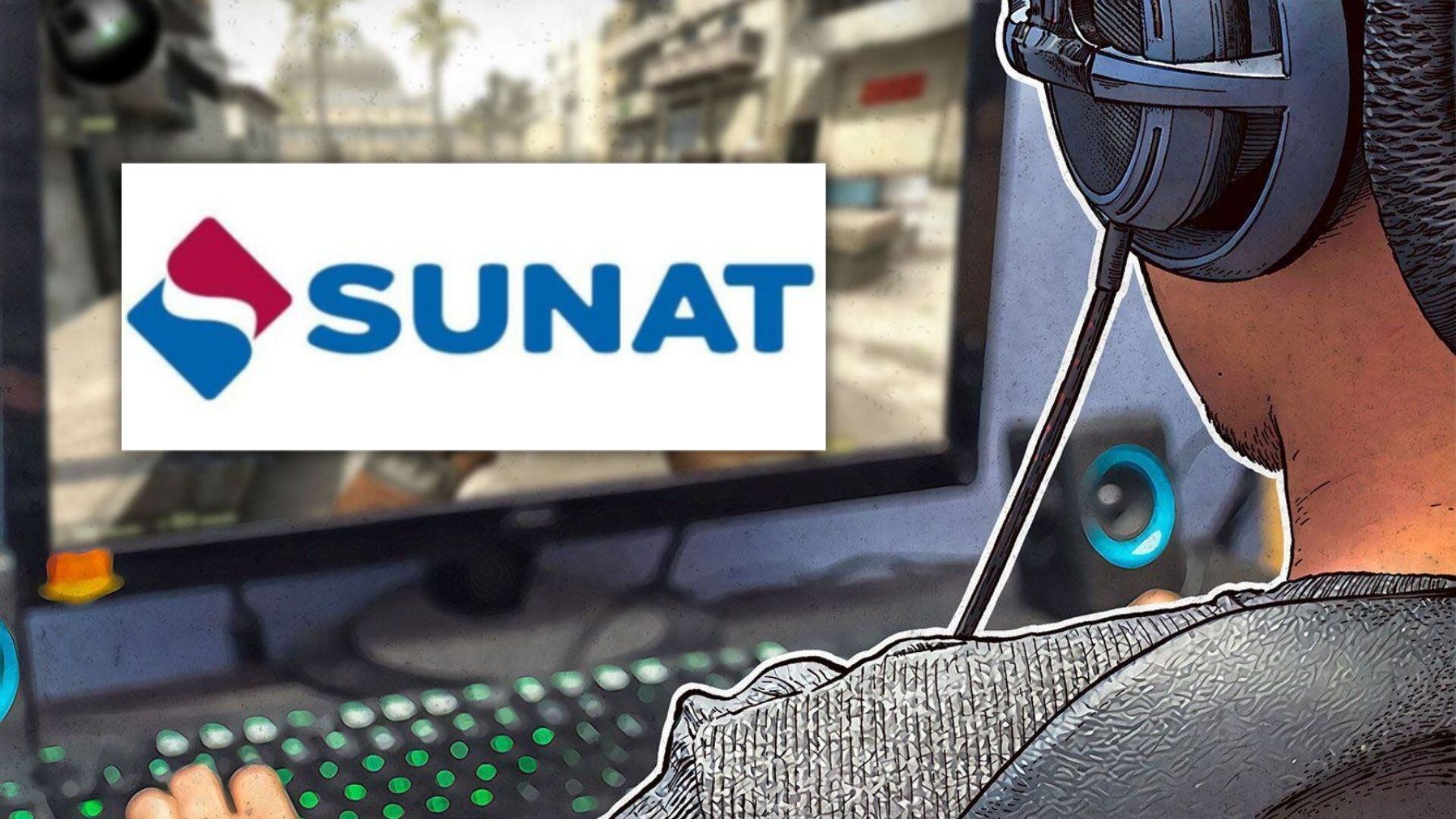 Persona jugando un juego en computadora y logo de la Sunat