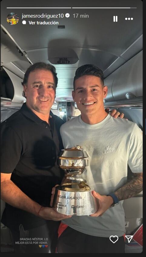 Este fue el momento en el que James Rodríguez publica su historia en agradecimiento al técnico argentino Néstor Lorenzo - crédito @JamesRodriguez10 / Instagram