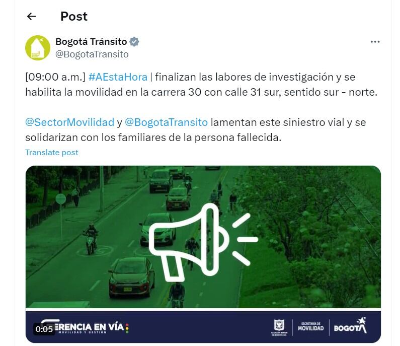 Bogotá Transito informó que se acabaron las investigaciones en la carrera 30 con calle 31 sur - crédito @BogotaTransito