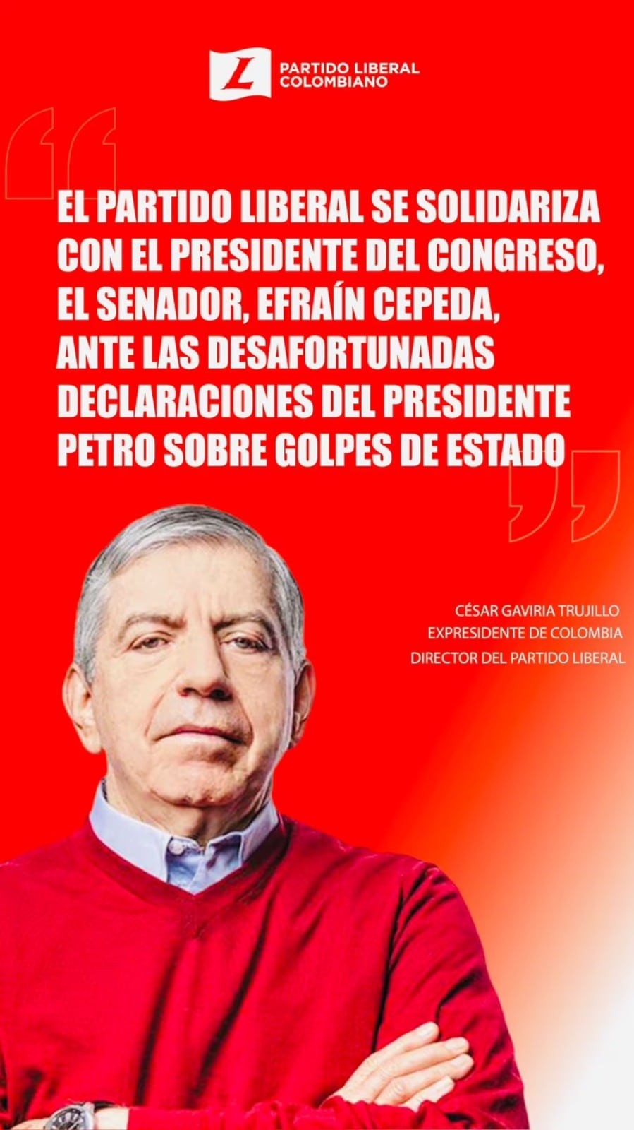 Gaviria expresa su solidaridad con Efraín Cepeda, mencionado por Petro en el supuesto plan para destituirlo - crédito Partido Liberal