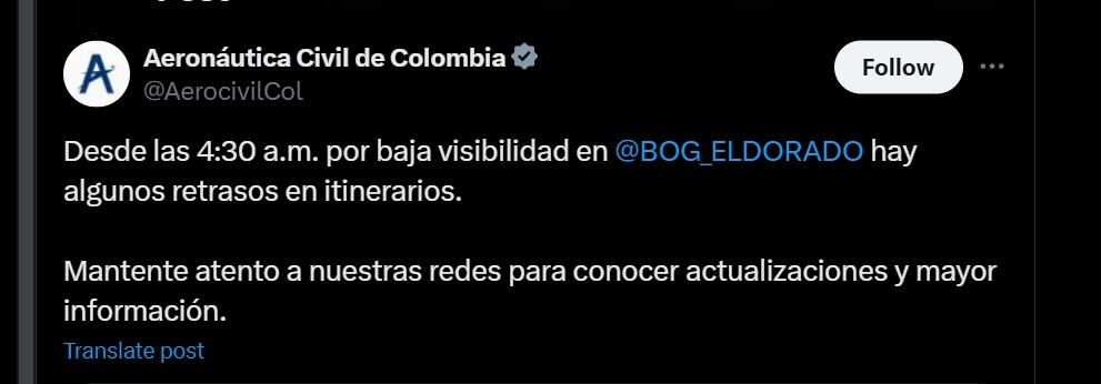 Según la Aerocivil, la demora en la terminal aérea es de 40 minutos - crédito @AerocivilCol/X