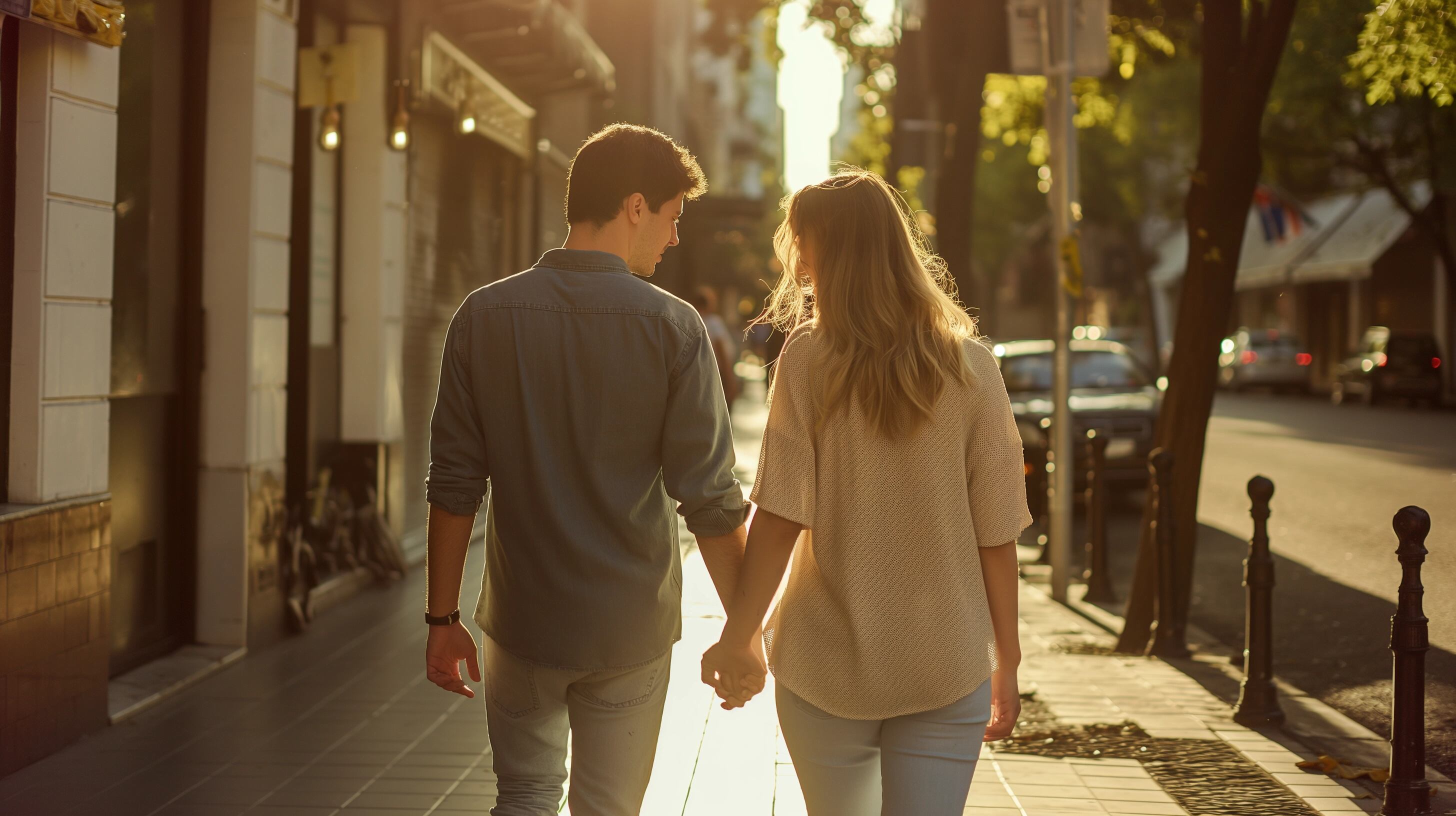 Dos personas en amor, mano a mano, avanzando juntas a lo largo de un camino urbano. La imagen destaca la unión y el compromiso entre pareja, manifestando su relación a través de este acto de cercanía y afecto. Es una representación visual de cómo el amor y el noviazgo fortalecen los lazos emocionales y el apoyo mutuo. (Imagen ilustrativa Infobae)