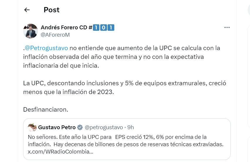 Andrés Forero contradijo al presidente Petro sobre el aumento de la UPC - crédito @AForeroM