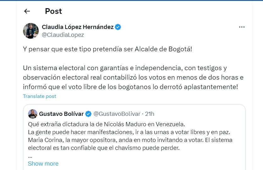 Claudia López cuestionó a Gustavo Bolívar por hablar bien del sistema electoral en Venezuela - crédito @ClaudiaLopez