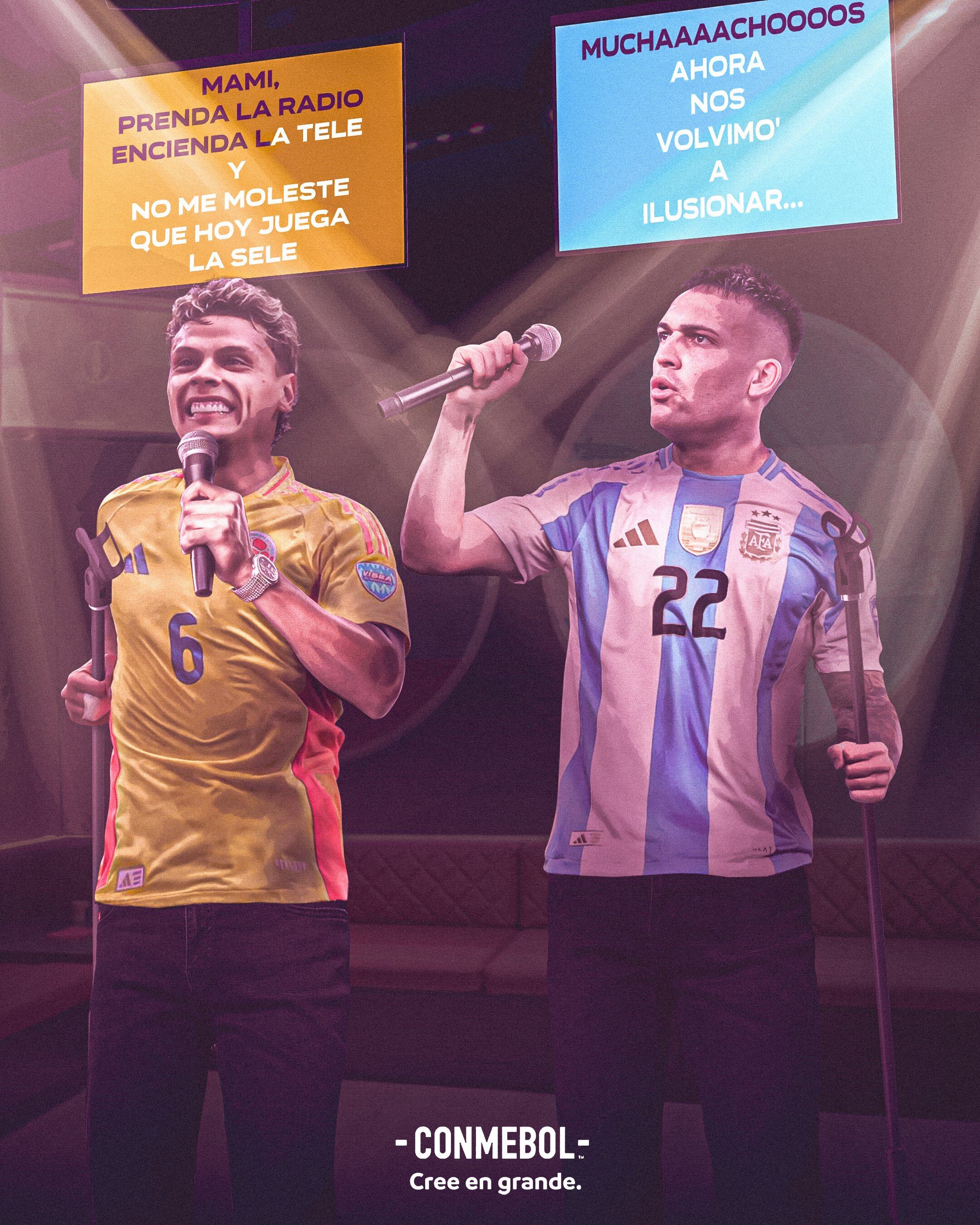 Duelo de canciones en la previa del partido entre Colombia vs. Argentina. La Conmebol publicó una ilustración con Richard Ríos y Lautaro Martínez como protagonistas - crédito Conmebol