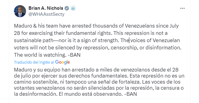 La dura advertencia de Brian Nichols al régimen de Nicolás Maduro por la escala de la violencia militar en Venezuela