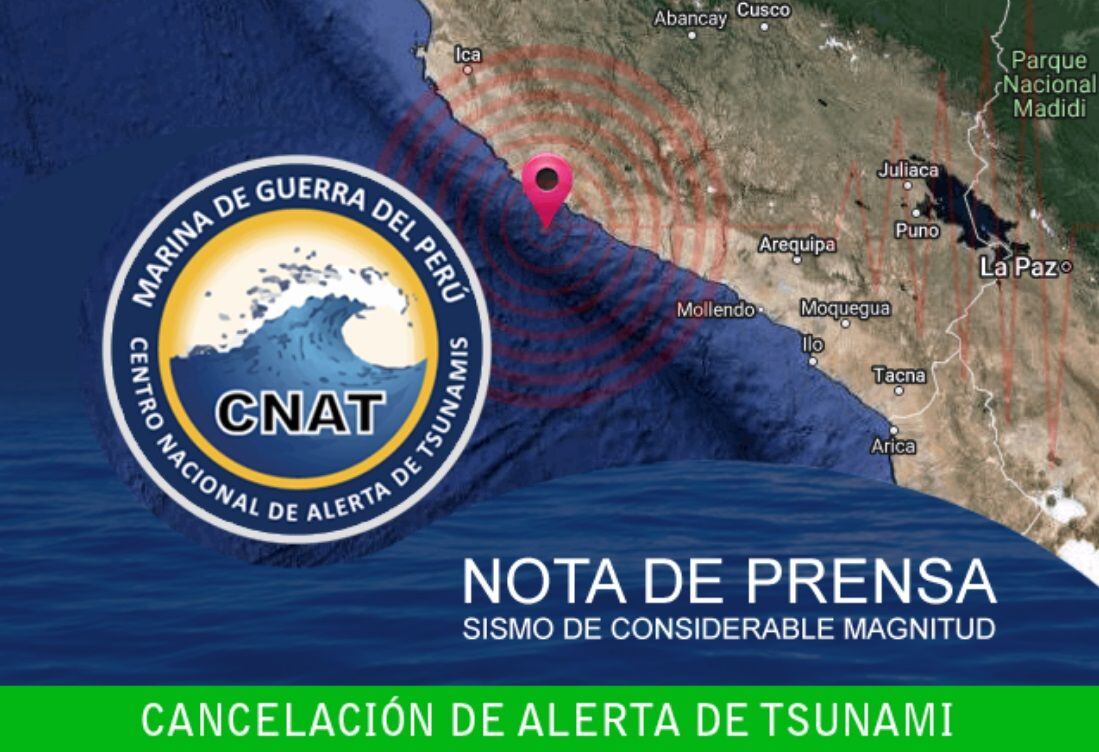 La Marina de Guerra del Perú canceló la alerta de tsunami en el Perú tras el fuerte simo en Arequipa