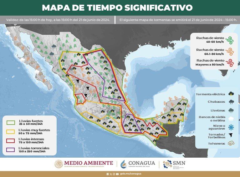 Mapa con el pronóstico del tiempo para la tarde del jueves 20 de junio debido a la depresión tropical Alberto