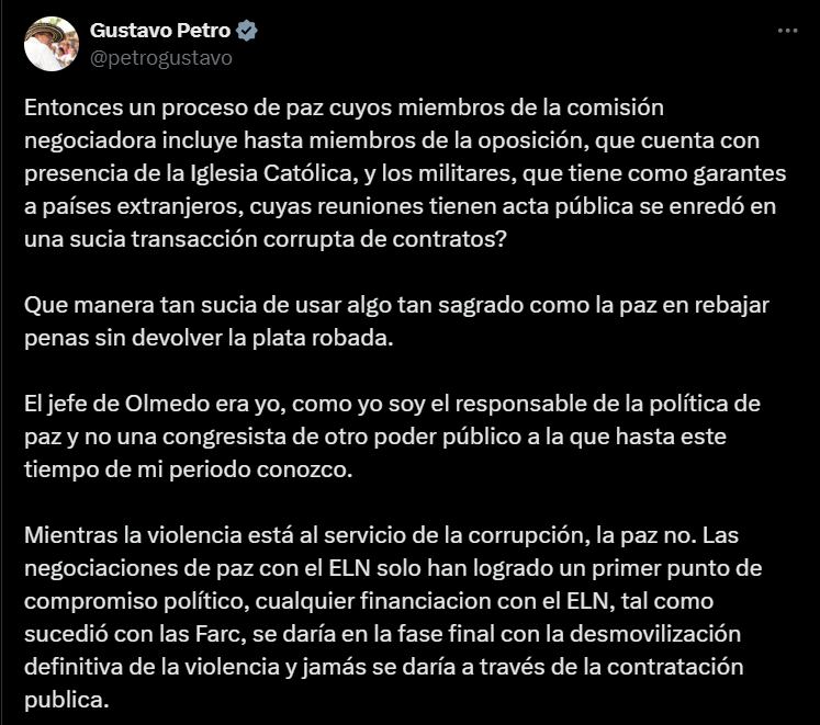 Pronunciamiento del presidente Petro sobre declaraciones de Olmedo López - crédito @petrogustavo/X