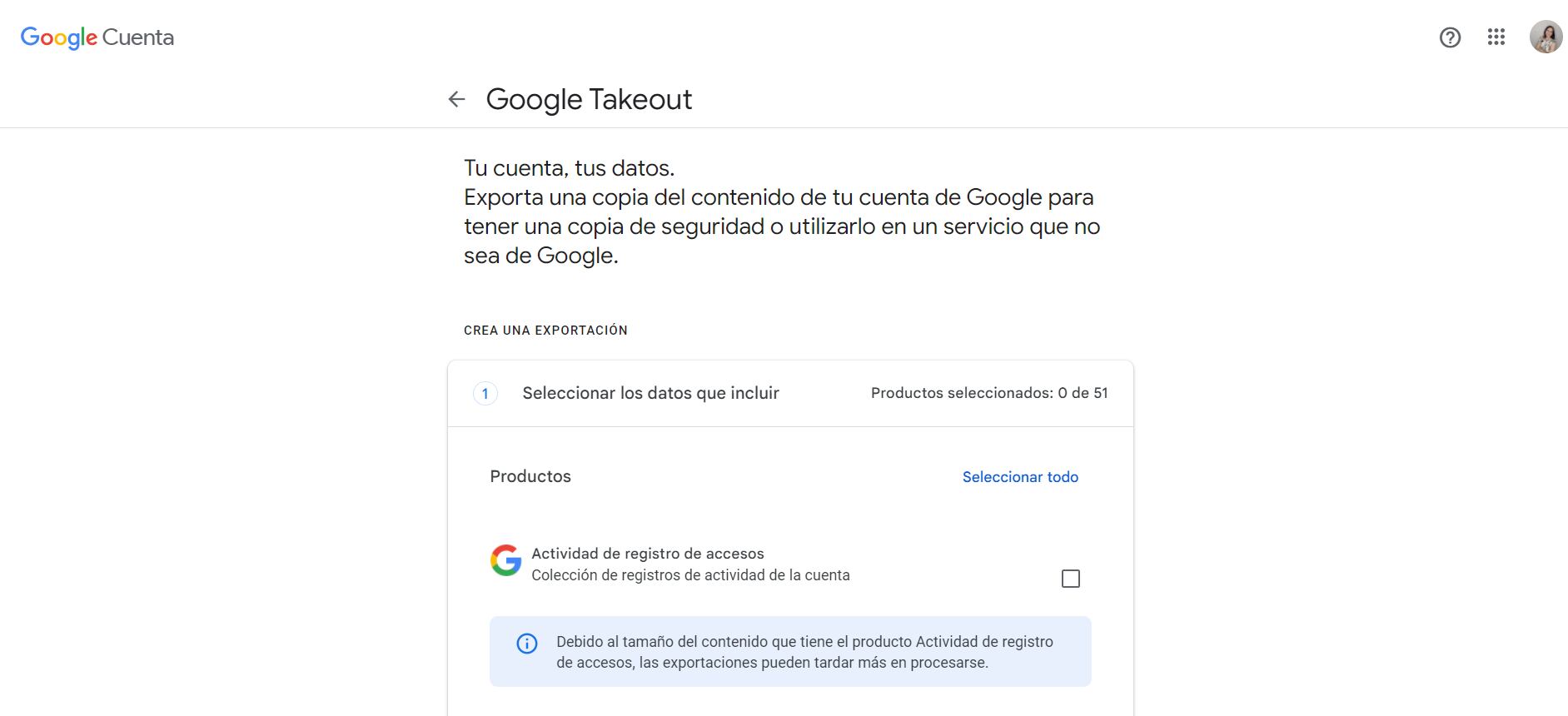 Es importante únicamente seleccionar los archivos de Google Fotos. (Google Takeout)