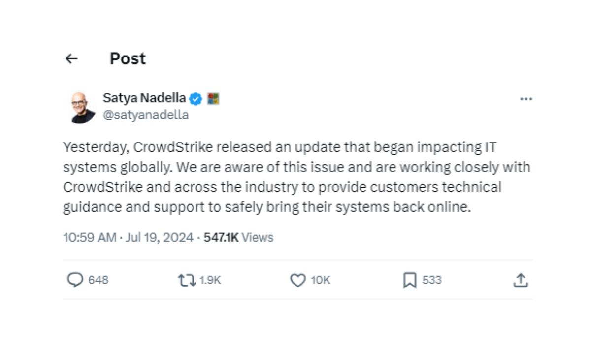 El CEO de Microsoft señaló que la causa de la falla se debe a un error de actualización de CrowdStrike. (X: Satya Nadella)