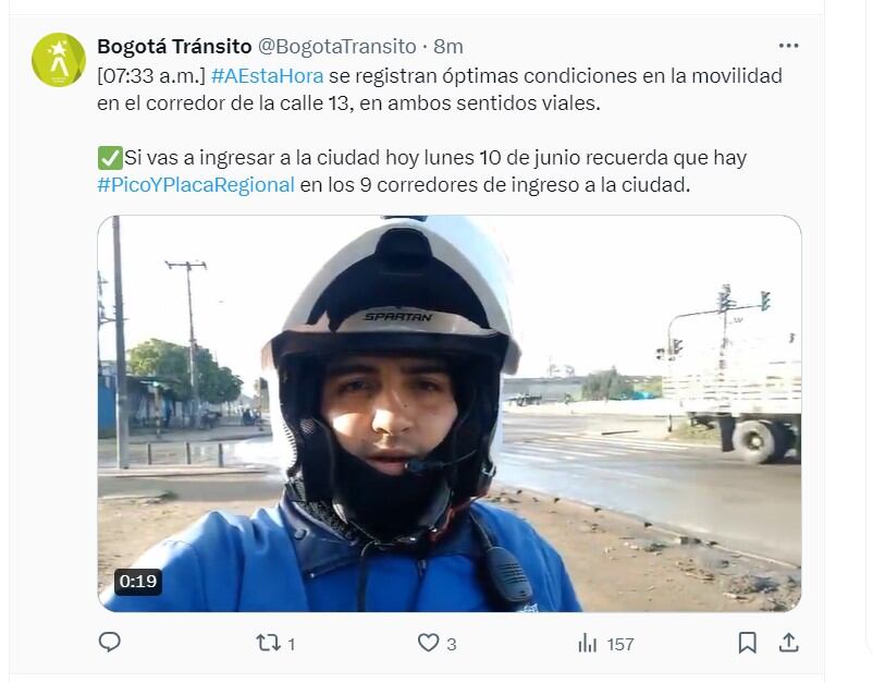 Reportan buena movilidad en la calle 13 - crédito @BogotaTransito