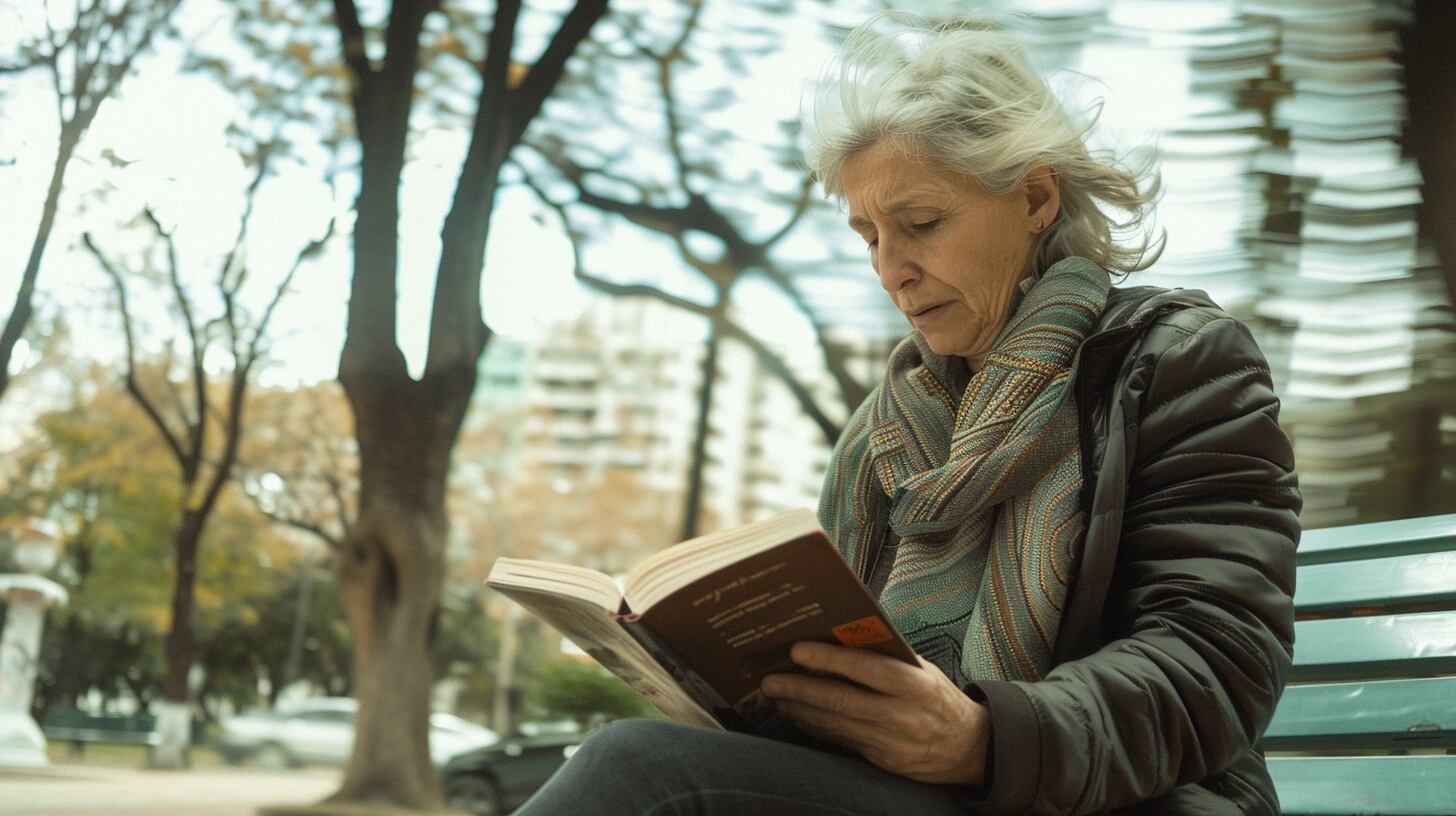 Señora mayor disfruta de la lectura en solitario en un banco de parque, evidenciando cómo los momentos de tranquilidad pueden ser un refugio contra la soledad y el aislamiento. La imagen invita a considerar el impacto de la falta de interacciones sociales en la salud mental, y la necesidad de abordar estos temas a través de la psicología y la terapia. (Imagen ilustrativa Infobae)