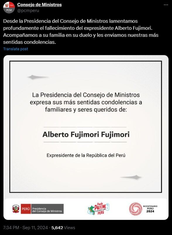 PCM lamenta muerte de Alberto Fujimori. (Fuente: X/ @pcmperu)