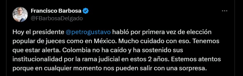 Pronunciamiento de Francisco Barbosa sobre la propuesta del presidente Gustavo Petro - crédito @FBarbosaDelgado/X