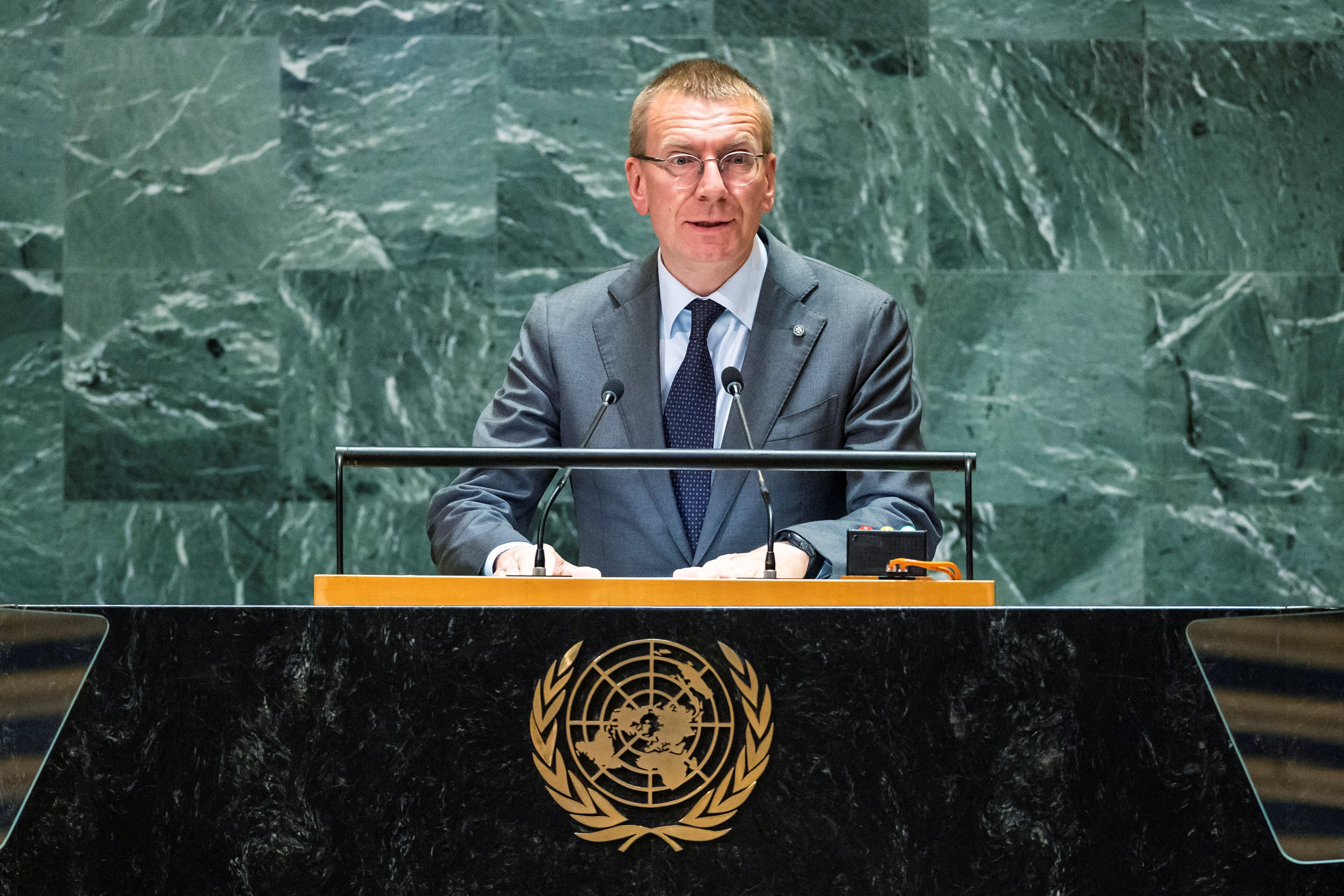 Edgars Rinkevics, presidente de Letonia, en la 79° Asamblea General de la ONU en Nueva York este 24 de septiembre de 2024 (REUTERS/Eduardo Munoz)