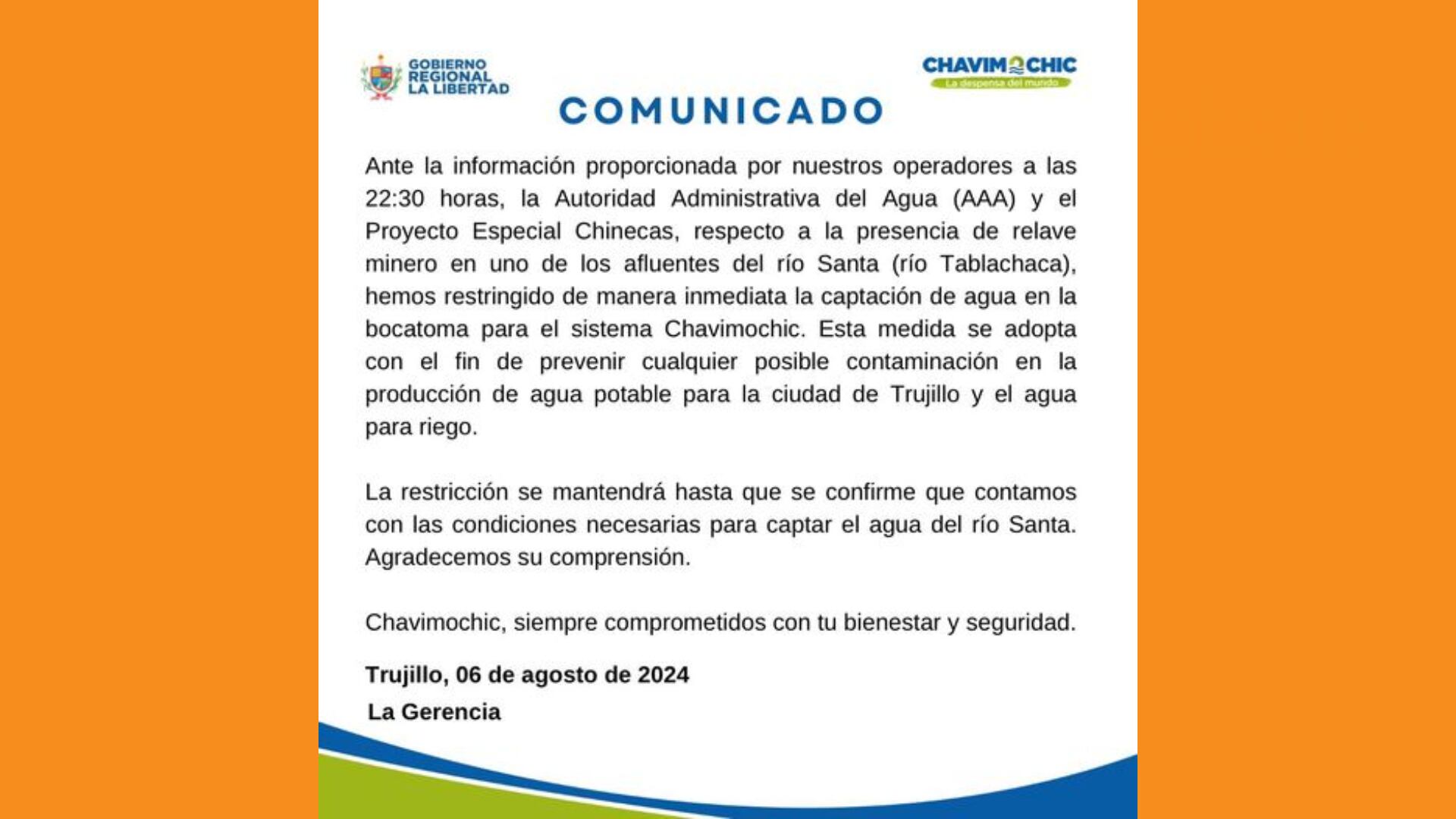 En un comunicado urgente, Chavimochic anunció que se restringiría el agua en la ciudad de Trujillo debido a la presencia de relaves que contaminan el río Santa. La medida será efectiva hasta que se tengan garantías sobre la calidad del agua en la zona. (Foto: Composición - Infobae/Renato Silva)