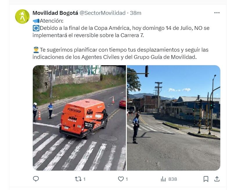 Movilidad Bogotá  informó que no se implementará el reversible sobre la carrera 7 - crédito @SectorMovilidad