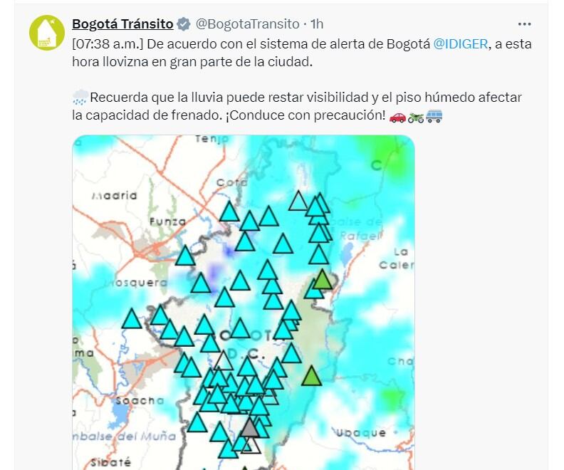 Bogotá Tránsito recomienda conducir con precaución frente a lluvias - crédito @BogotaTransito