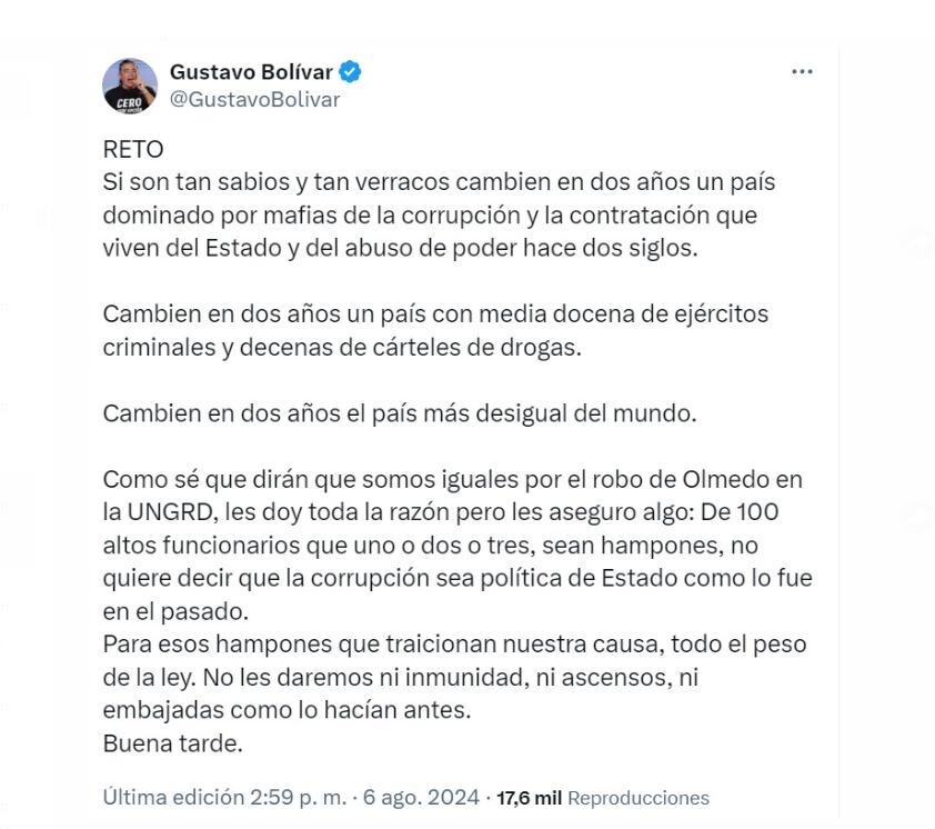 En la actualidad, Gustavo Bolívar señala que por culpa de unos cuantos que actuaron como “hampones” no significaba que todo el Gobierno estaba corrompido - crédito @GustavoBolivar/X