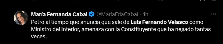 María Fernanda Cabal aprovechó para arremeter contra Gustavo Petro, luego de que anunciara la salida de Velasco del Ministerio del Interior - crédito