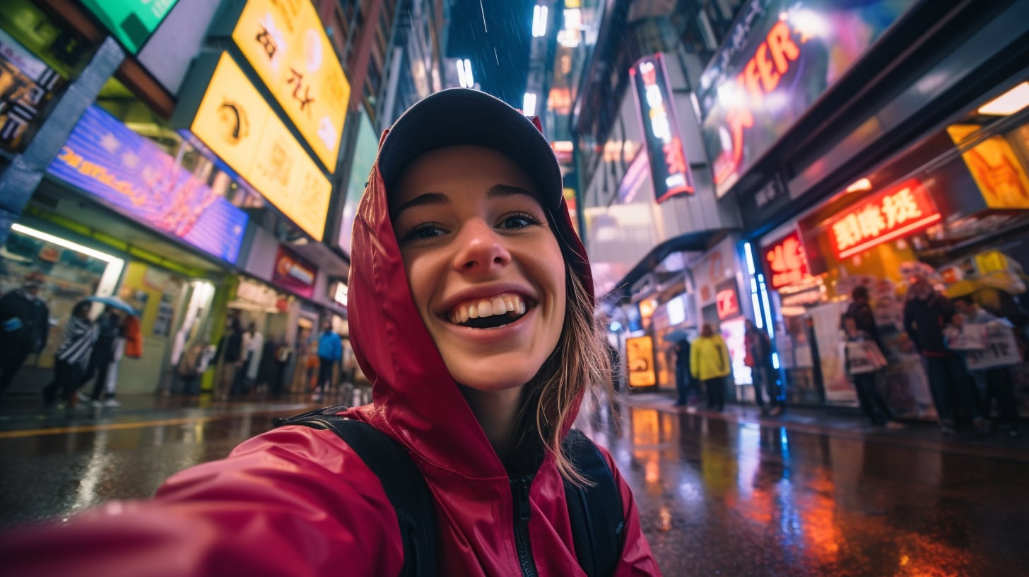 Imagen de jóvenes emocionados tomándose selfies bajo una intensa lluvia en la ciudad, compartiendo momentos únicos y transmitiendo alegría a su alrededor. (Imagen ilustrativa Infobae)