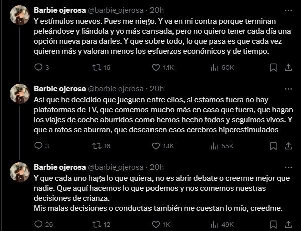 Una mujer defiende el aburrimiento infantil durante vacaciones sin internet (X: @barbie_ojerosa)