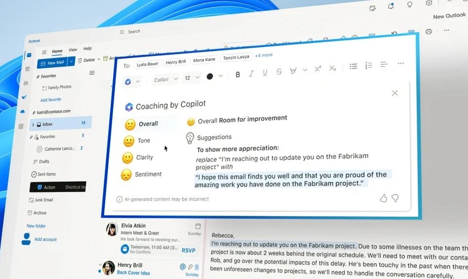 Ahora es posible pedir en Outlook que la IA escriba correos con un tono específico. (Microsoft)