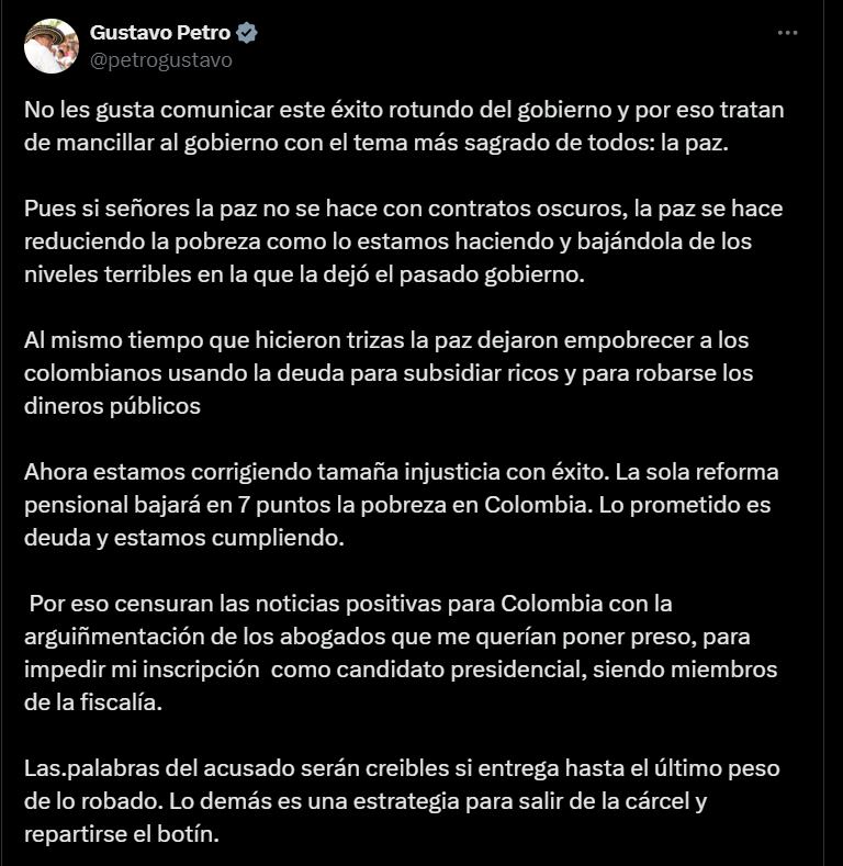 Declaración del presidente Gustavo Petro sobre la paz en Colombia - crédito @petrogustavo/X