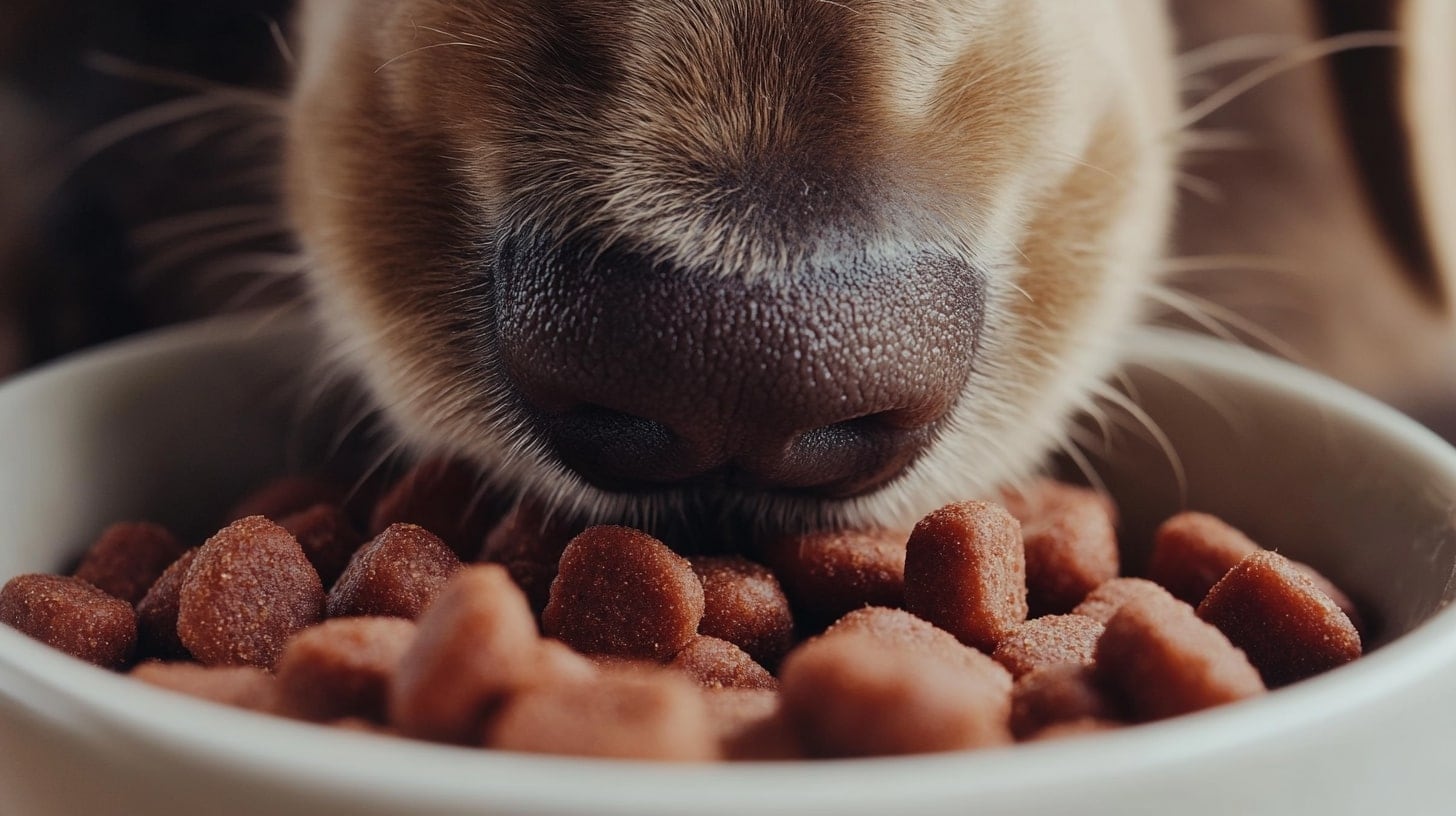 Imagen de un perro comiendo croquetas de un plato. Otras opciones: alimentación canina, comida para mascotas, nutrición balanceada. - (Imagen Ilustrativa Infobae)