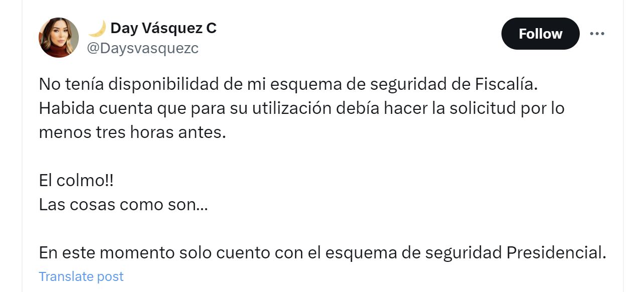 Day Vásquez se pronunció tras pérdida de su esquema de seguridad - crédito @Daysvasquezc/X