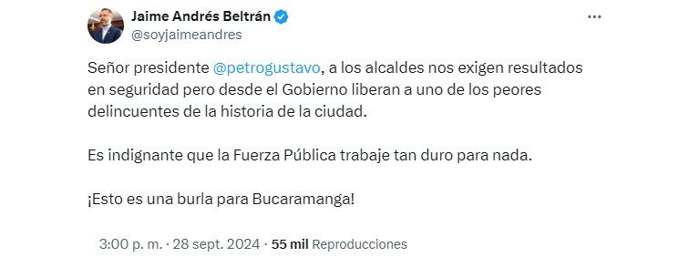 Trinos de Beltrán sobre la libertad de alias Pichi. (Crédito: @soyjaimeandres / X)