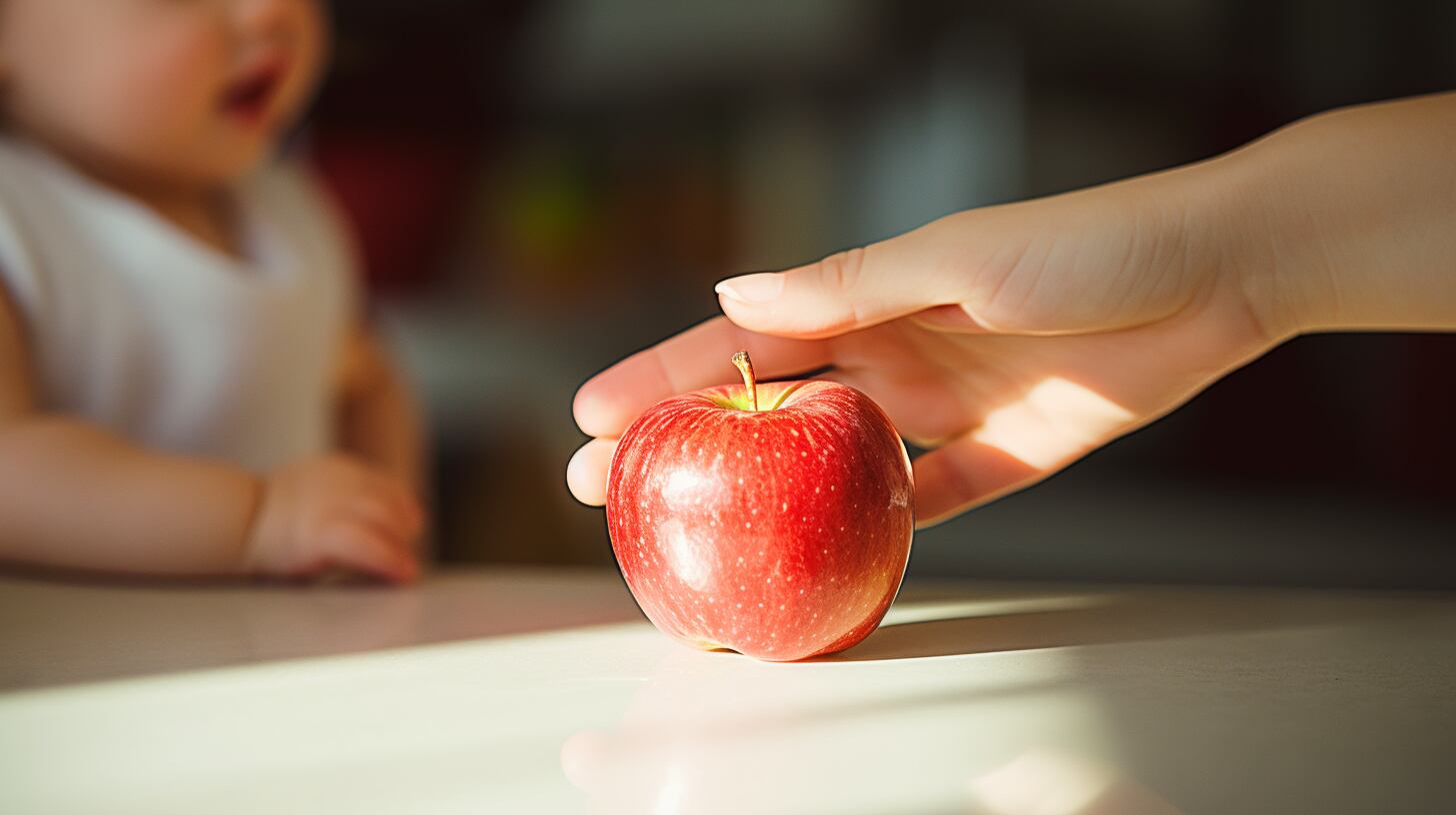 Imagen de un bebé alcanzando una manzana jugosa, resaltando la importancia de la nutrición y el cuidado infantil desde temprana edad. (Imagen ilustrativa Infobae)