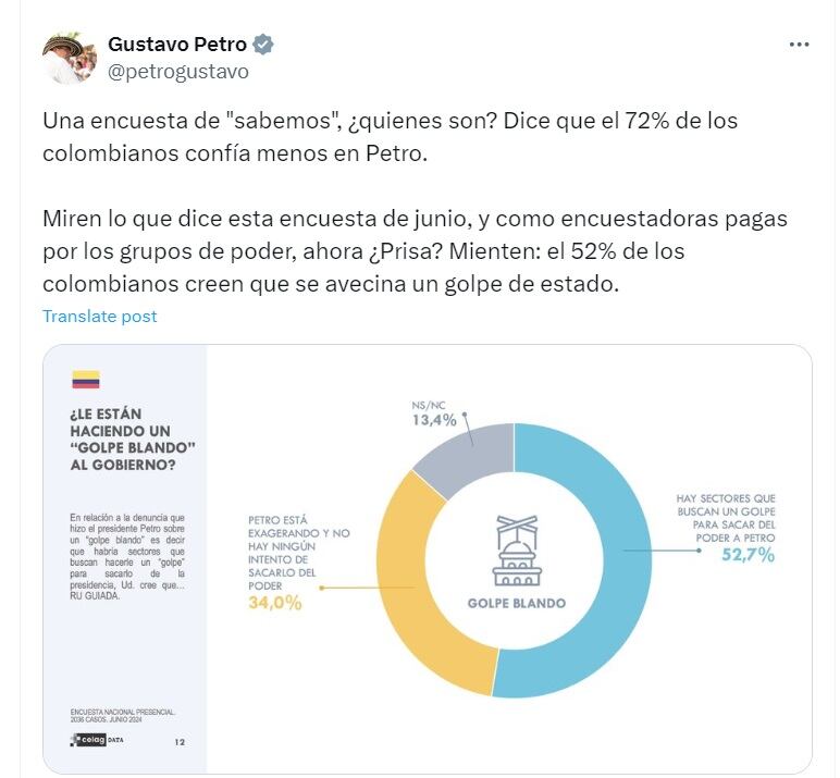 El presidente compartió una encuesta de Celag, donde el 53 por ciento de los colombianos creen que habría un golpe de Estado contra el mandatario - crédito @petrogustavo/X