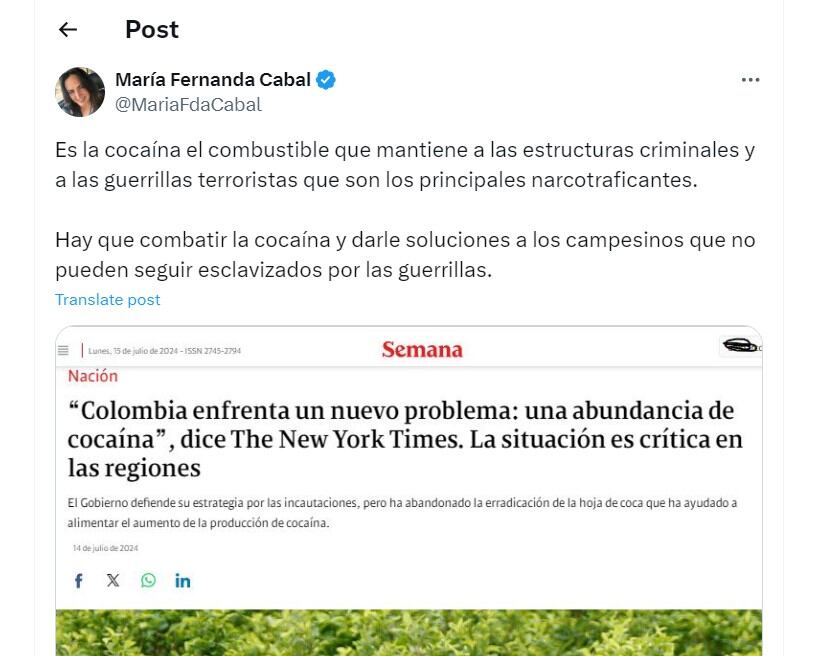 María Fernanda Cabal cuestiona política del Gobierno de Gustavo Petro contra las drogas - crédito @MariaFdaCabal