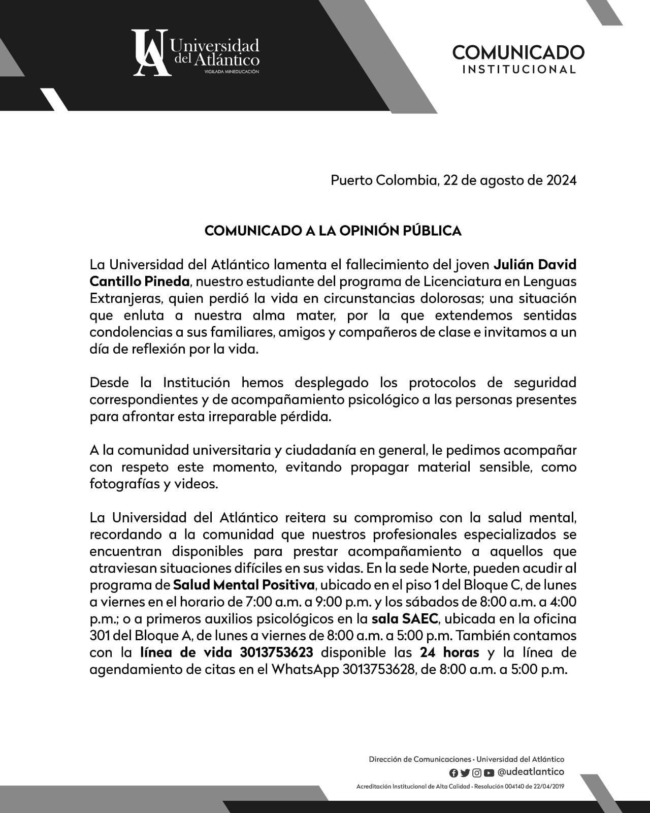 La administración de la institución hizo claridad que se mantiene las medidas para venir que se registren casos de suicidio en el plantel - crédito @udeatlantico/X