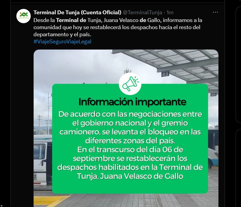 Terminal de Tunja informó la normalización de sus servicios - crédito X