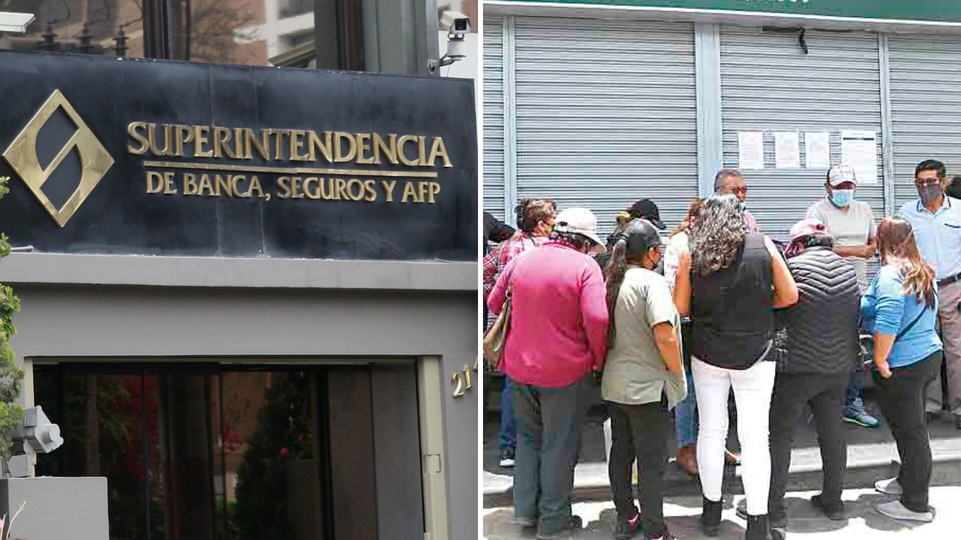 Facha de la Superintendencia de Bancas, Seguros y AFP y otra foto de personas reunidas frente a cooperativa de ahorro y crédito cerrada