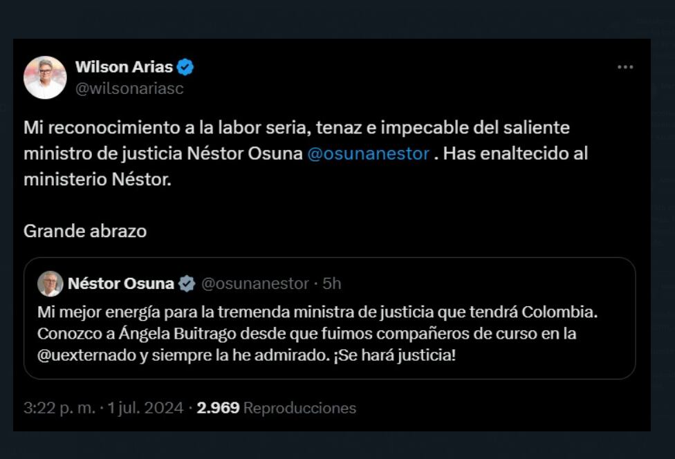 Wilson Arias cerró las reacciones políticas destacando la labor impecable de Osuna - crédito @wilsonariasc / X