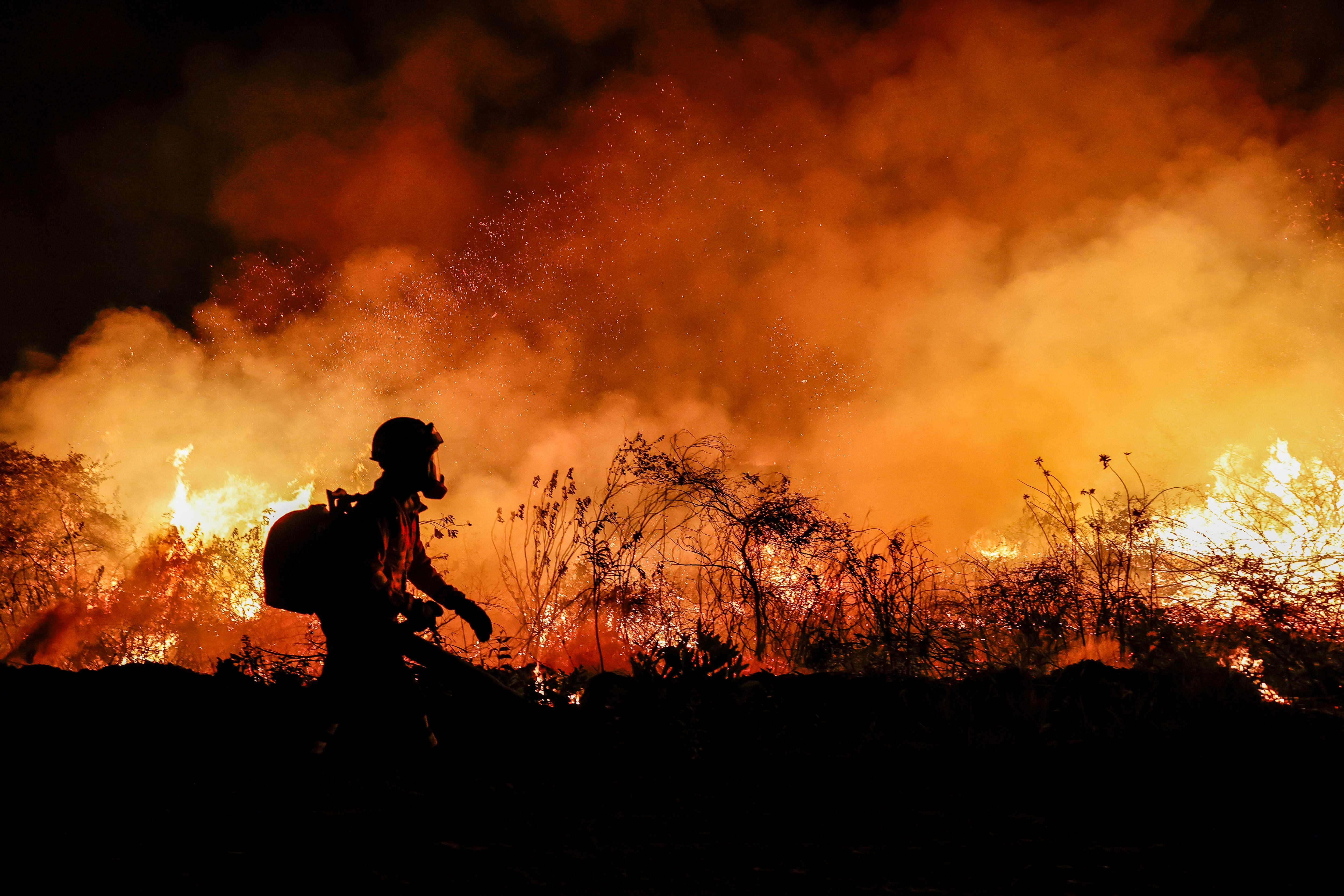 Un bombero trabaja en la extinción de un incendio en el Pantanal, un vasto humedal compartido por Brasil, Bolivia y Paraguay. EFE/ Sebastiao Moreira 