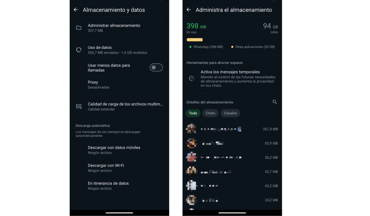 En Administrar el almacenamiento, los usuarios ven que chat ocupa más memoria. (WhatsApp)